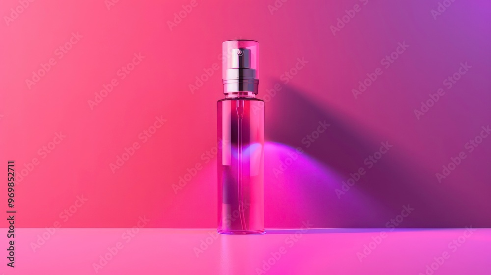 A glass bottle with a spray nozzle sits on a pink surface with a purple gradient background. A glass bottle with a spray nozzle sits on a pink surface with a purple gradient background.
