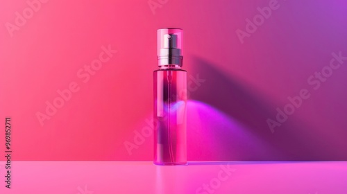 A glass bottle with a spray nozzle sits on a pink surface with a purple gradient background.