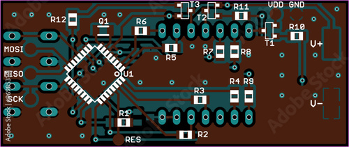 Vector printed circuit board of electronic 
device with components of radio elements, 
conductors and contact pads on pcb. 
Engineering technical drawing. Electric background.
Computer cad design.