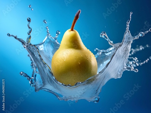 pear in water splash on blue background photo