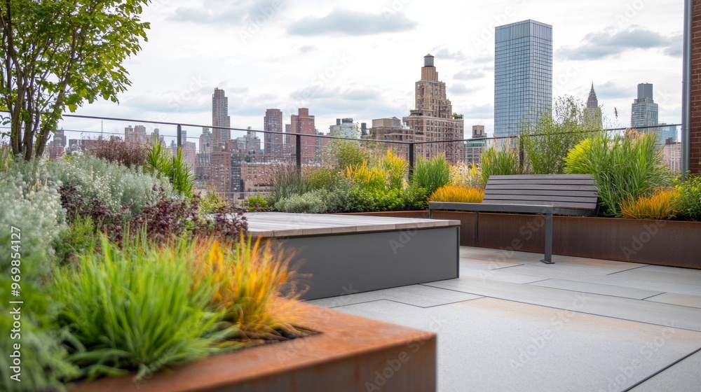 Fototapeta premium A city view with a bench and a garden