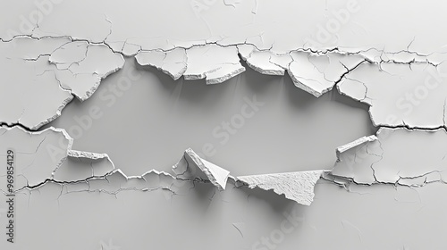 Hole breaking through white wall with cracked edges, creating a cut-out effect
