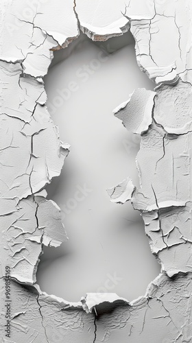 Hole breaking through white wall with cracked edges, creating a cut-out effect