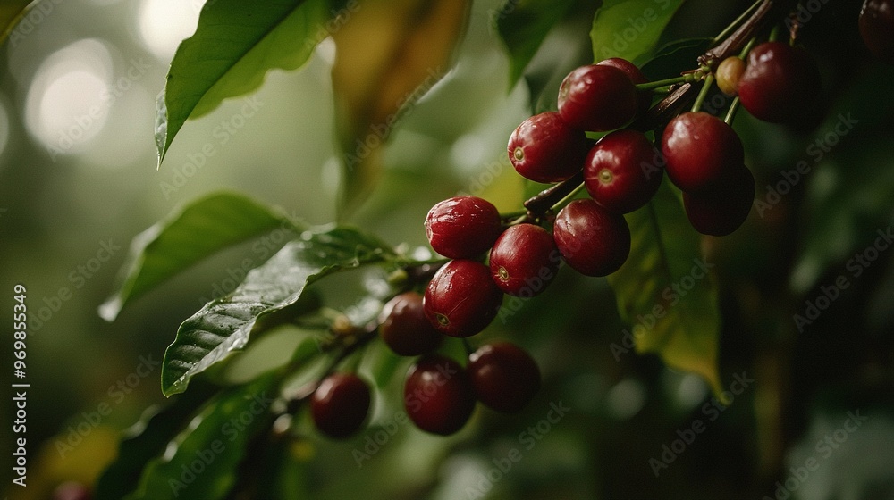 A close-up of a bounty of berries dangling from a leafy tree branch, bathed in golden sunlight filtering through the foliage A close-up of a bounty of berries dangling from a leafy tree branch, bathed in golden sunlight filtering through the foliage