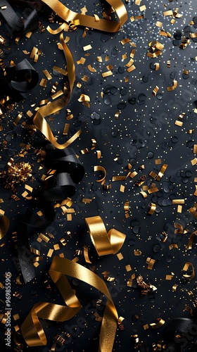 Minimalistic design New Years party frame of shiny black and gold black and gold streamers and confetti
