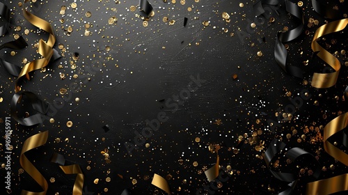 Minimalistic design New Years party frame of shiny black and gold black and gold streamers and confetti