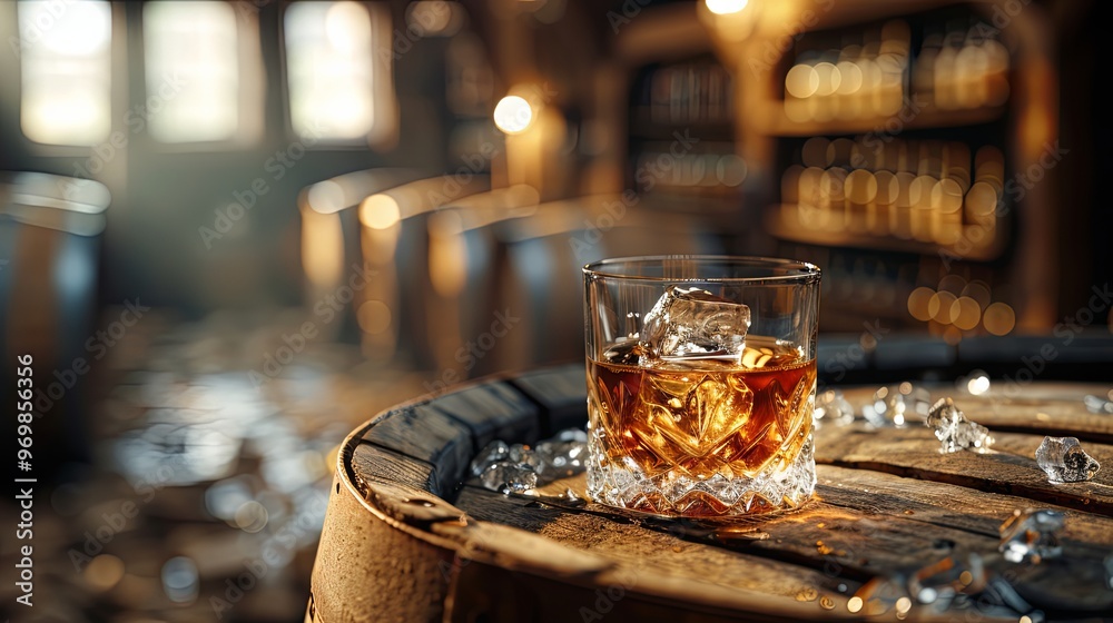 Modern crystal glass of whiskey, no ice on a vintage oak wooden barrel Modern crystal glass of whiskey, no ice on a vintage oak wooden barrel