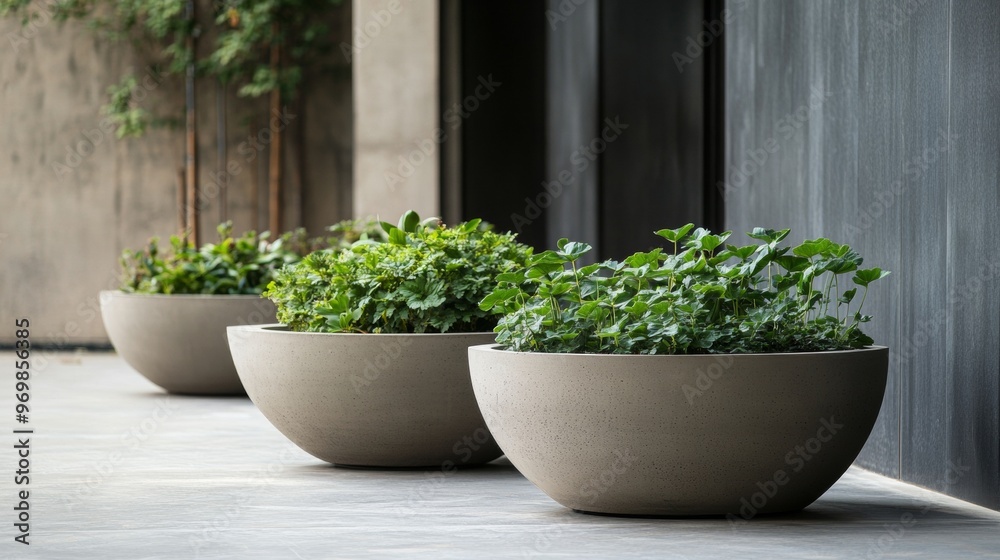 Three large planters with green plants in them are lined up on a concrete floor Three large planters with green plants in them are lined up on a concrete floor