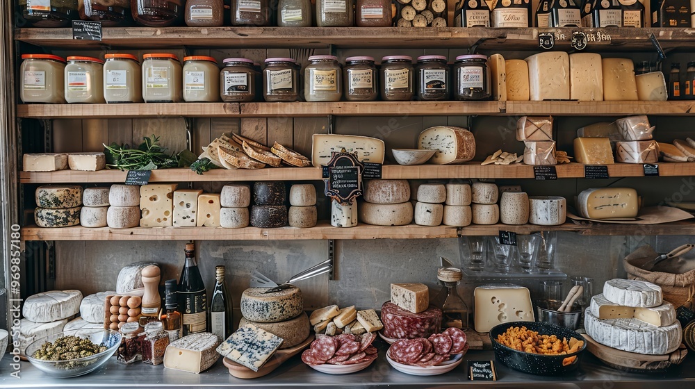 Neatly organized shelves of gourmet cheeses and charcuterie