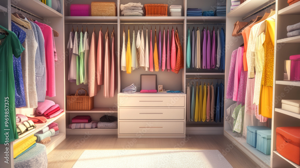 Create a scene that features a seasonal wardrobe, such as summer or winter. Show how clothing is organized according to the season, with appropriate items readily accessible. Create a scene that features a seasonal wardrobe, such as summer or winter. Show how clothing is organized according to the season, with appropriate items readily accessible.