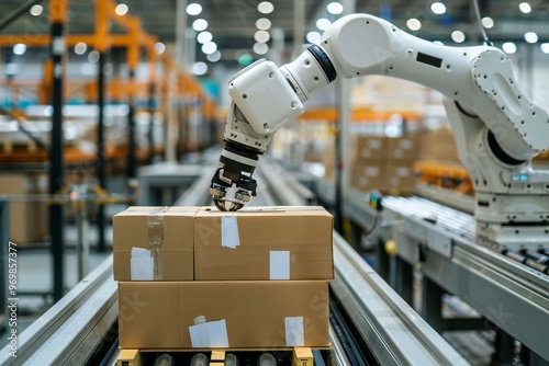 - A photo of a robotic arm efficiently moving cardboard box packages along a conveyor belt in a fulfillment center, showcasing the seamless movement and automation in warehouse logistics.