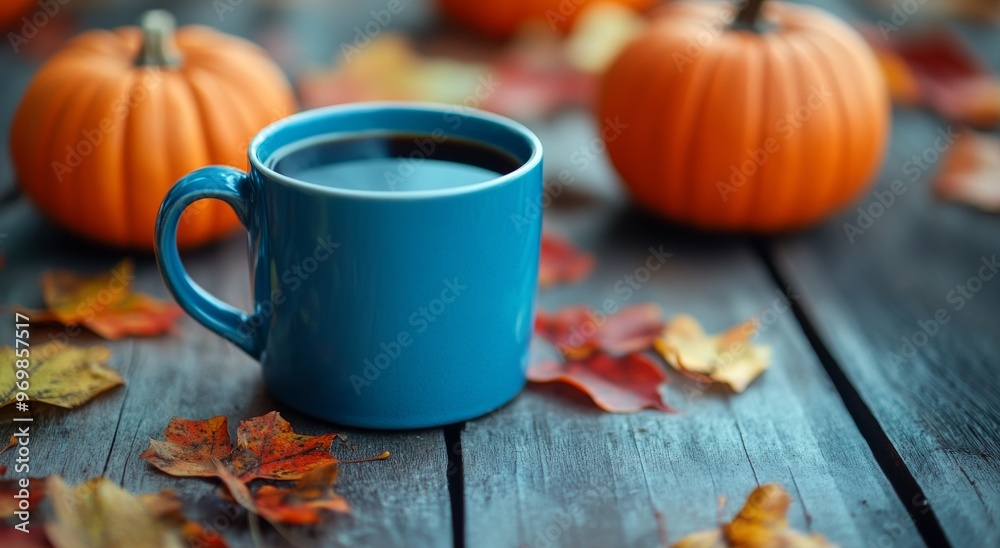 A blue mug sits on a rustic table surrounded by colorful autumn leaves and pumpkins A blue mug sits on a rustic table surrounded by colorful autumn leaves and pumpkins