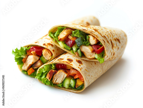 Chicken Wraps with Fresh Vegetables and Tortilla on White Background 