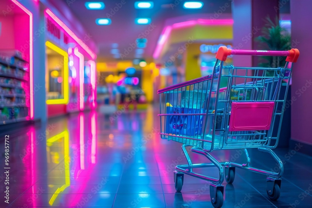 photo of a vibrant neon shopping cart in a modern store, showcasing the bright colors and eco-friendly products available for sale. photo of a vibrant neon shopping cart in a modern store, showcasing the bright colors and eco-friendly products available for sale.