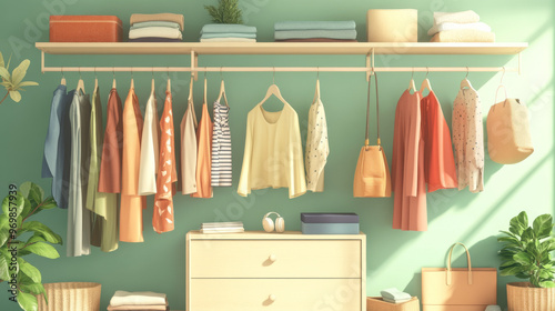 Create a scene that features a seasonal wardrobe, such as summer or winter. Show how clothing is organized according to the season, with appropriate items readily accessible. photo