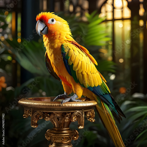 Colorful macaw parrot sitting on a golden pedestal. photo