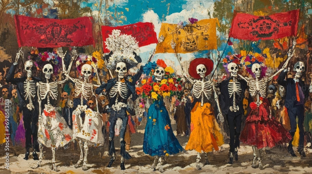 Fototapeta premium Skeletons in Formal Attire Marching in a Colorful Procession