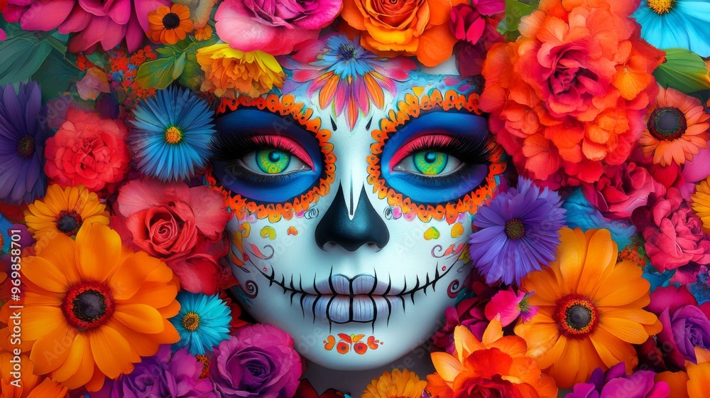 Sugar Skull Face Surrounded by Vibrant Flowers