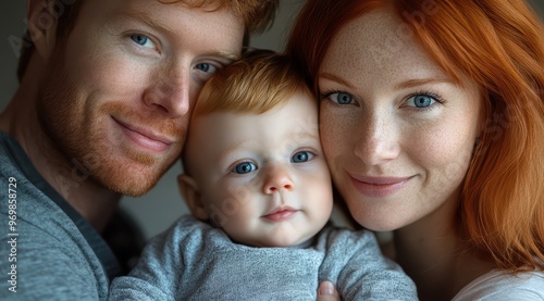 closeup portrait of a happy ginger family with freckles, mom and dad looking at the camera together with their child in the middle