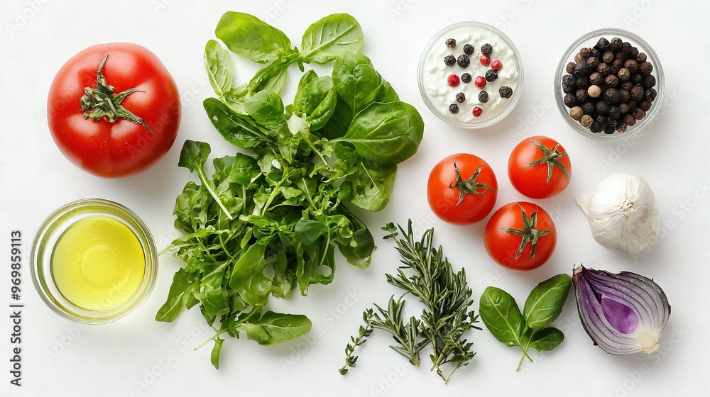 A white table with an array of vegetables, a bowl of olives, and a glass of olive oil A white table with an array of vegetables, a bowl of olives, and a glass of olive oil