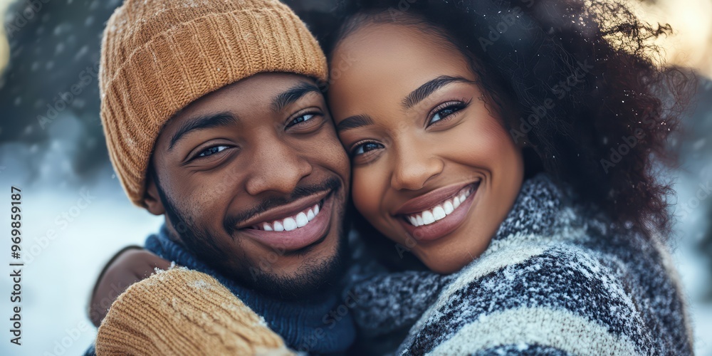 A romantic closeup portrait of a happy African American couple hugging each other and smiling while wearing cozy sweaters and warm clothes A romantic closeup portrait of a happy African American couple hugging each other and smiling while wearing cozy sweaters and warm clothes