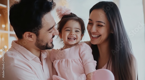 A happy Asian family of three, the parents are holding theit child and smiling at her, everyone is laughing happily photo