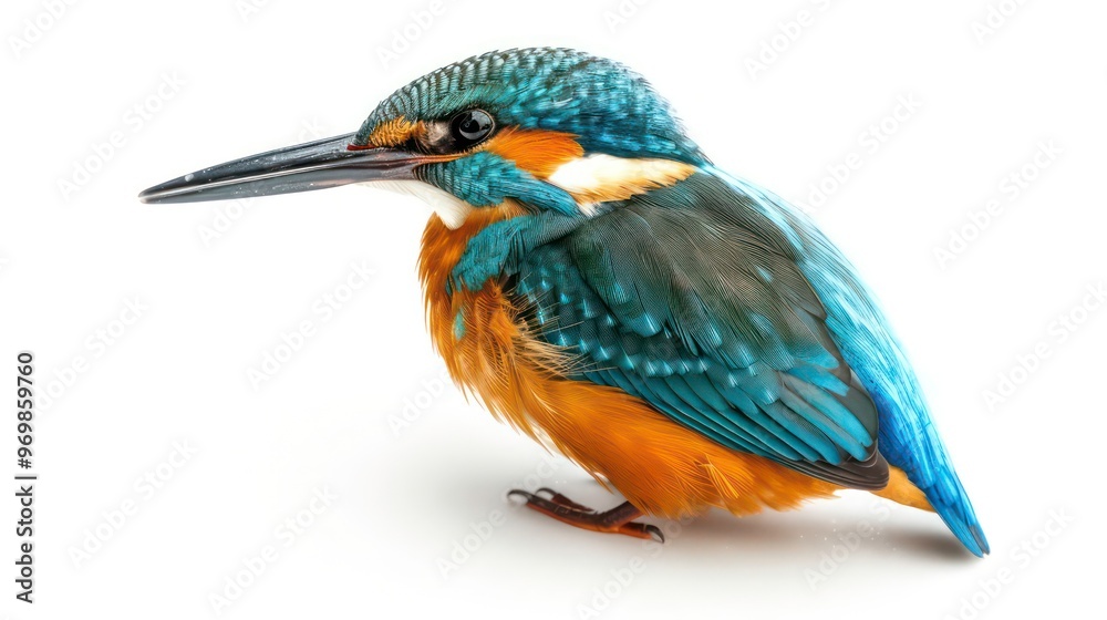 Obraz premium A blue and orange kingfisher bird looking to the left, isolated on a white background.