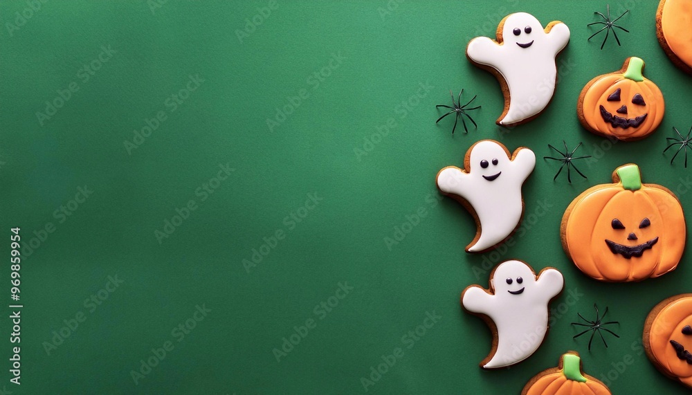 Fototapeta premium Gingerbread cookies in the form of ghosts and pumpkins, on a bright background, Halloween concept