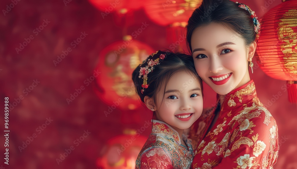 Chinese New Year theme, A young mother wearing Chinese traditional dress and her cute little daughter in red costume with a smile on her face celebrating the Chinese festival together at home Chinese New Year theme, A young mother wearing Chinese traditional dress and her cute little daughter in red costume with a smile on her face celebrating the Chinese festival together at home
