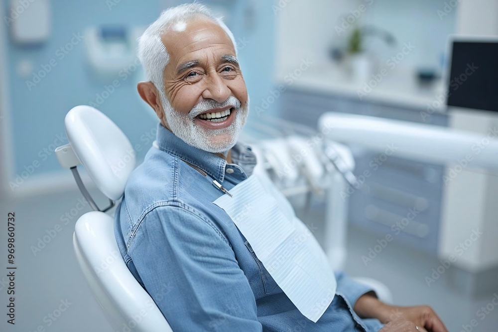 Senior man sitting in a dental chair with a bright smile, showcasing the importance of dental care for elderly individuals. Senior man sitting in a dental chair with a bright smile, showcasing the importance of dental care for elderly individuals.