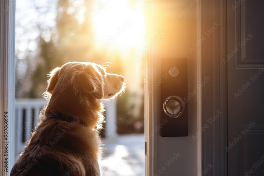 Golden retriever dog patiently waiting by the door for its owner to ...