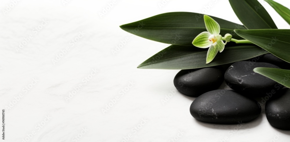 Black Massage Stones with Orchids and Green Leaves on a Table with Copy Space for Spa or Wellness Background Banner, Zen Concept for Healing and Meditative Mood Black Massage Stones with Orchids and Green Leaves on a Table with Copy Space for Spa or Wellness Background Banner, Zen Concept for Healing and Meditative Mood