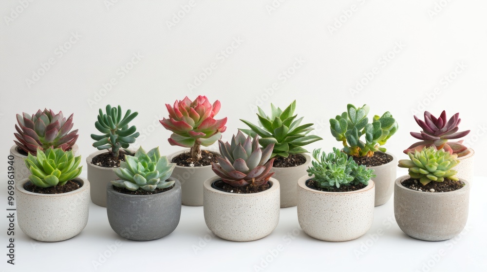 A row of potted plants with different colors and sizes A row of potted plants with different colors and sizes