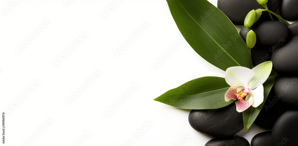 Black Massage Stones with Orchids and Green Leaves on a Table with Copy Space for Spa or Wellness Background Banner, Zen Concept for Healing and Meditative Mood Black Massage Stones with Orchids and Green Leaves on a Table with Copy Space for Spa or Wellness Background Banner, Zen Concept for Healing and Meditative Mood