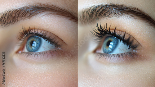 Create a split image showing the before and after effects of using mascara. Emphasize the enhancement of lash length, volume, and definition, highlighting the productâ€™s impact on eye makeup.  photo