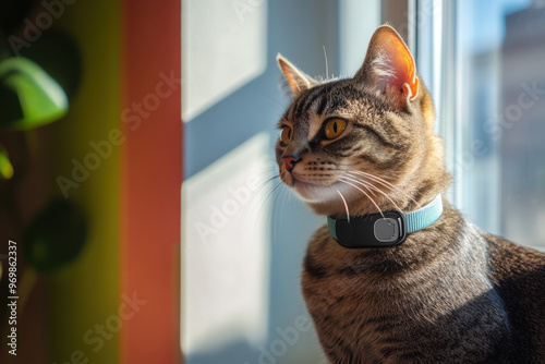 Tabby cat wearing a gps tracker collar, enjoying the sunshine by the window photo