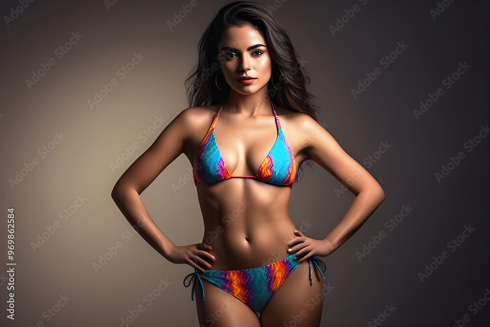 Fototapeta premium full body portrait of a Latina model clad in a vibrant bikini