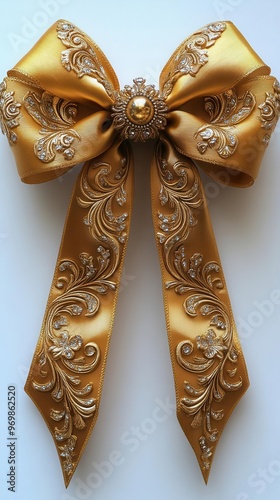 elegant gold ribbon bow with intricate filigree details shimmering metallic surface catches the light creating a luxurious and festive focal point for giftgiving photo