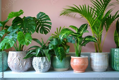 photo of a stylish collection of houseplants in ceramic pots displayed on a white shelf, including monstera and palm plants, creating a lush and trendy indoor tropical oasis.