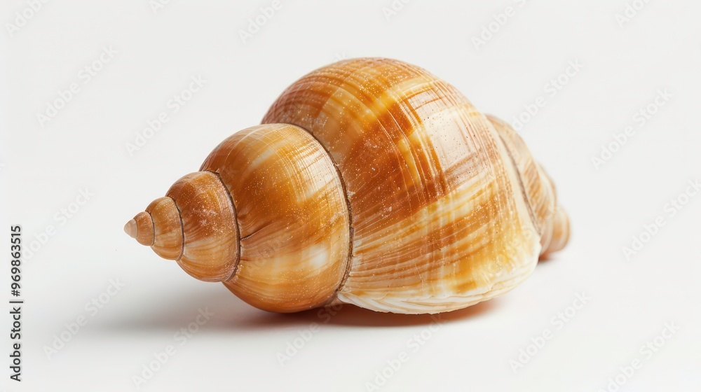 Single tan seashell with spiral pattern on a white background. Single tan seashell with spiral pattern on a white background.
