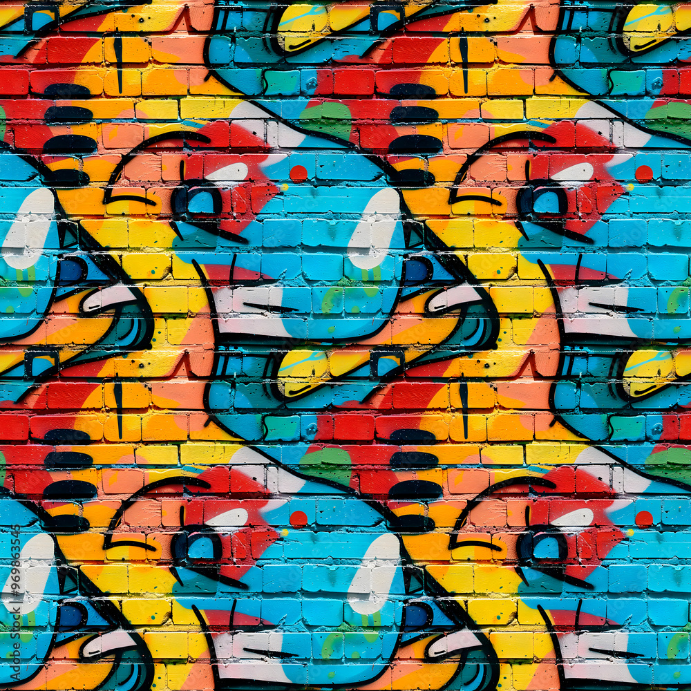 Obraz premium Colorful graffiti on a brick wall of a building. Street art. Seamless pattern.