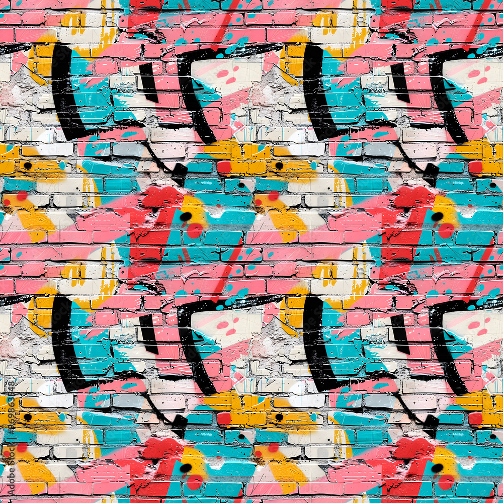 Obraz premium Seamless pattern. Colorful graffiti on a brick wall of a building. Street art.