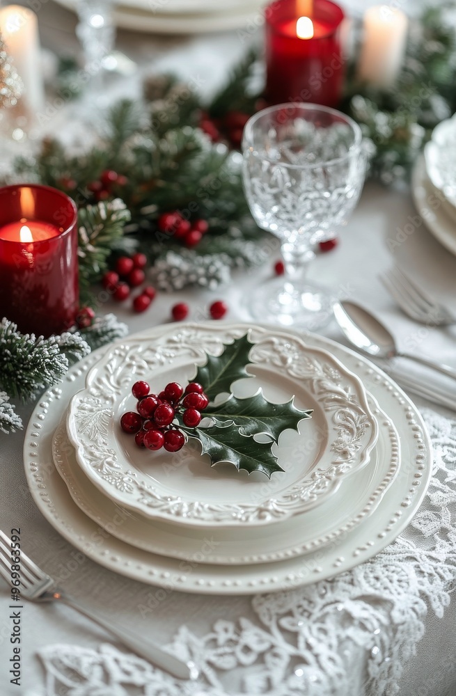 Festive dining table beautifully set for a Christmas celebration with candles and holly accents Festive dining table beautifully set for a Christmas celebration with candles and holly accents