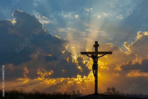 powerful image capturing the symbolic essence of resurrection at Golgotha Hill, with a silhouette of Jesus on the cross against a backdrop of divine light breaking through the clouds. photo