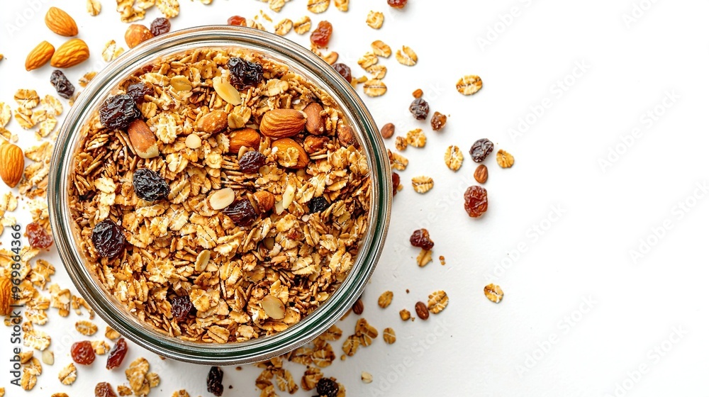 Bowl of Granola with Nuts & Raisins on White Background Bowl of Granola with Nuts & Raisins on White Background