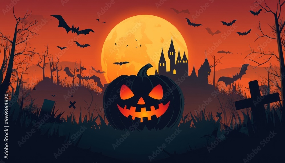A Carved Jack-o'-Lantern with Glowing Eyes in a Haunted Forest with a Full Moon and a Silhouette of a Spooky Castle in the Background A Carved Jack-o'-Lantern with Glowing Eyes in a Haunted Forest with a Full Moon and a Silhouette of a Spooky Castle in the Background