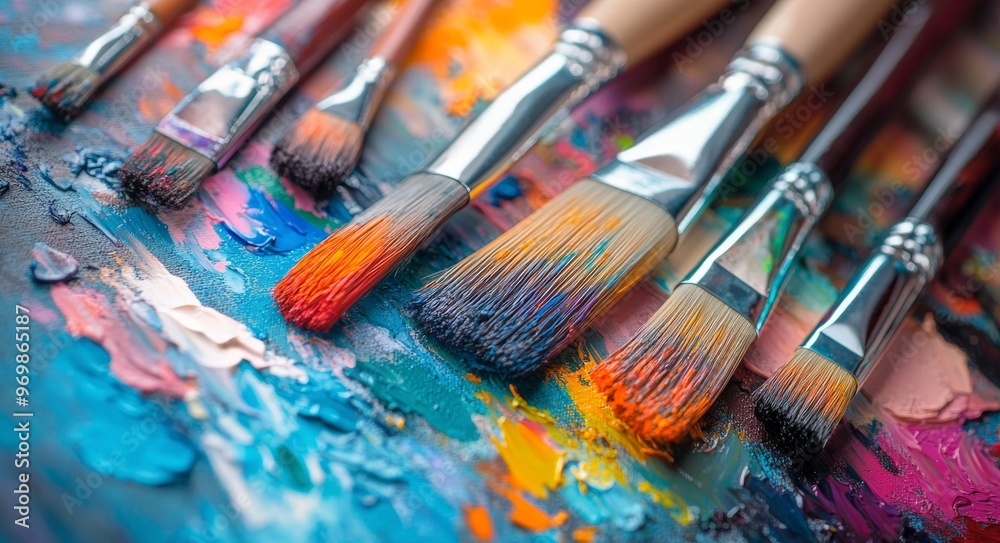 Fototapeta premium Vibrant artist paintbrushes resting on a colorful palette covered in mixed paints