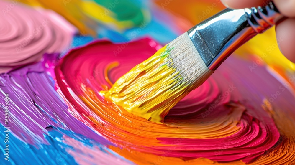 A close up of a person holding a paint brush on some colorful paints, AI A close up of a person holding a paint brush on some colorful paints, AI