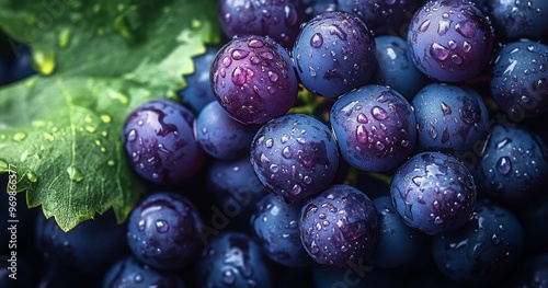Wallpaper Mural Freshly washed black grapes glisten under soft light on a dark surface with green leaves nearby Torontodigital.ca