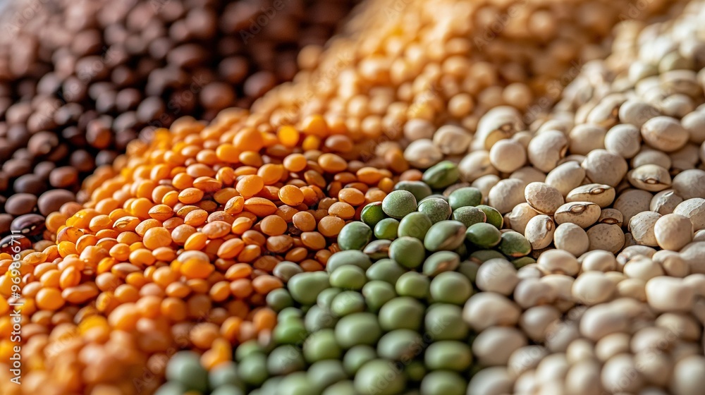 A colorful row of beans and lentils is arranged A colorful row of beans and lentils is arranged